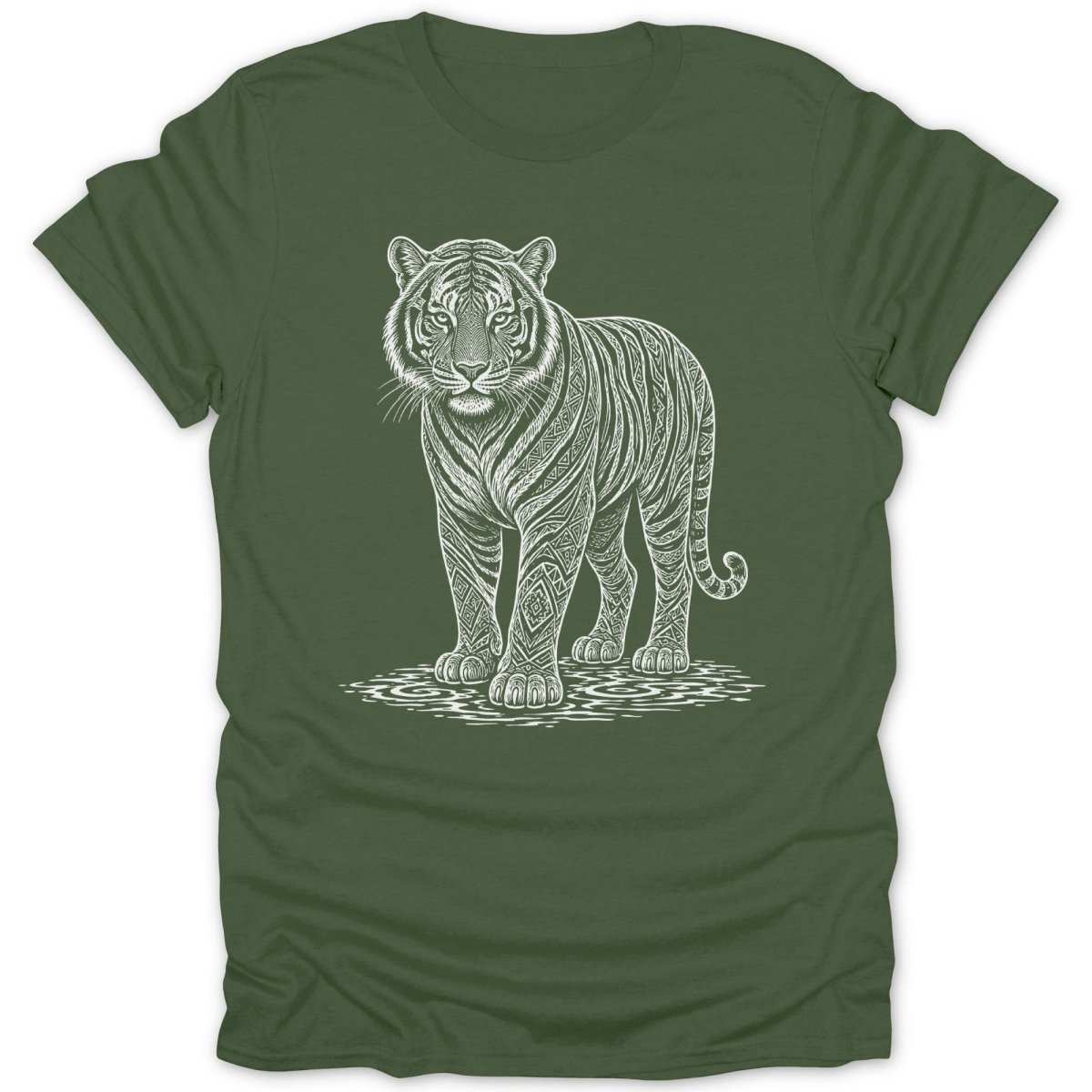 A stoic tiger with patterned stripes stands on rippling water.