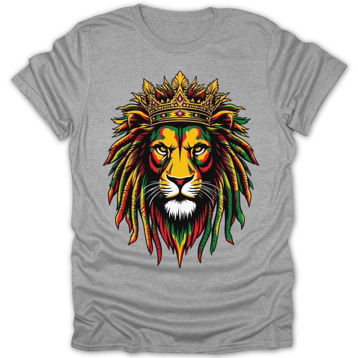 Rastafarian lion with crown and dreadlocks on a gray t-shirt.