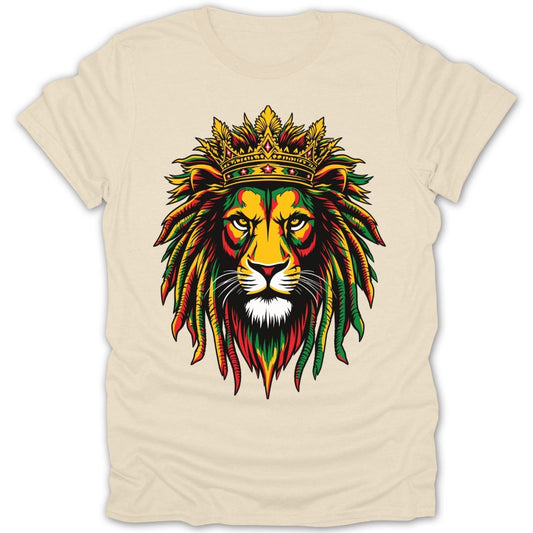 Lion graphic with a crown and dreadlocks in red, yellow, and green on a tan t-shirt.