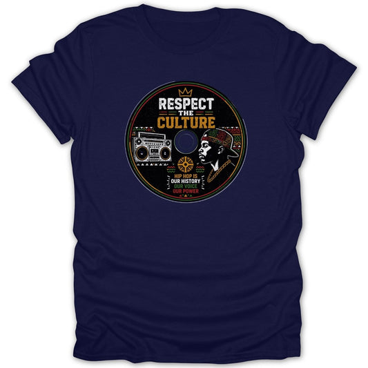 Navy t-shirt with circular "Respect the Culture" design featuring a boombox, profile of a man, and text.