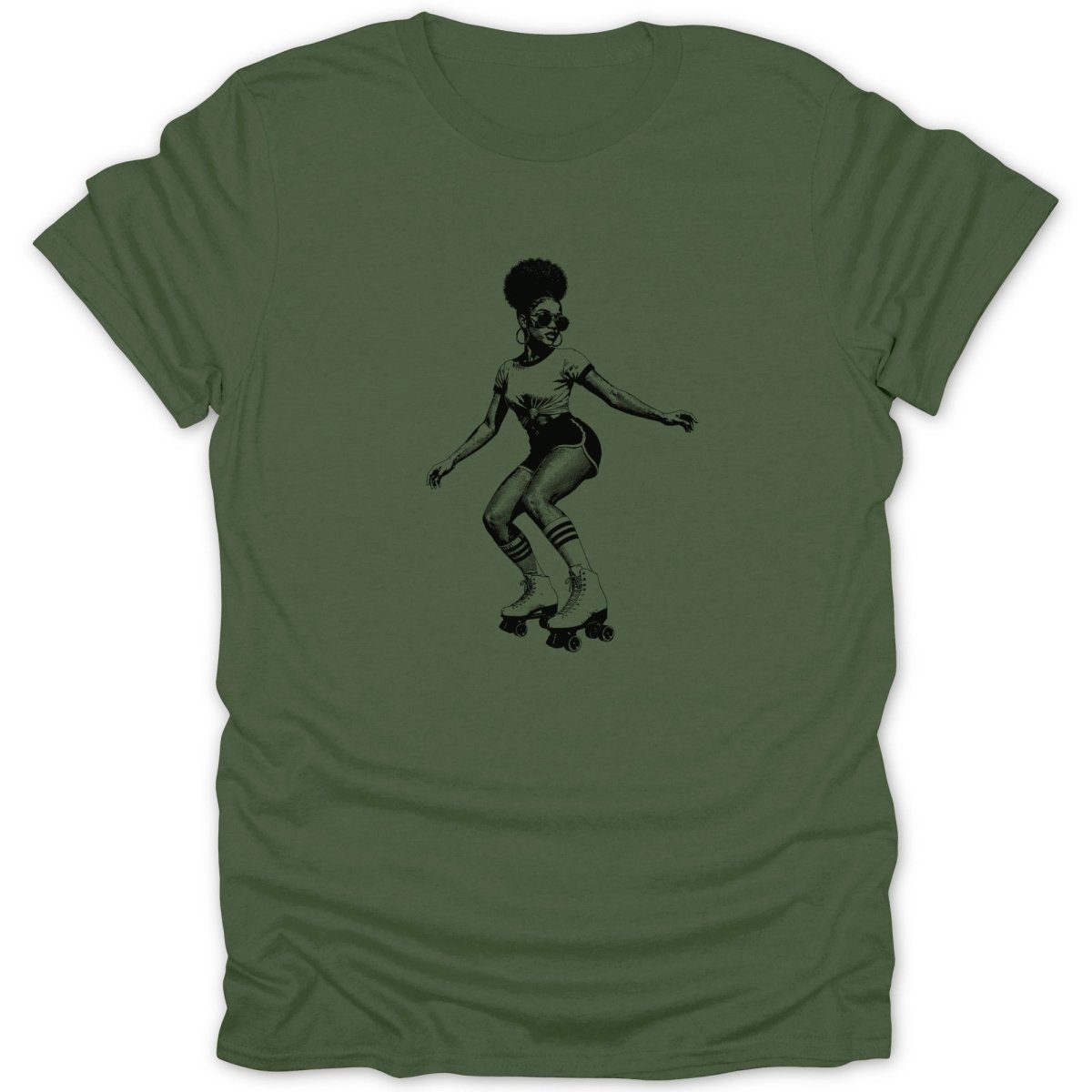 Black and white graphic of a woman roller skating in retro style on a green t-shirt.