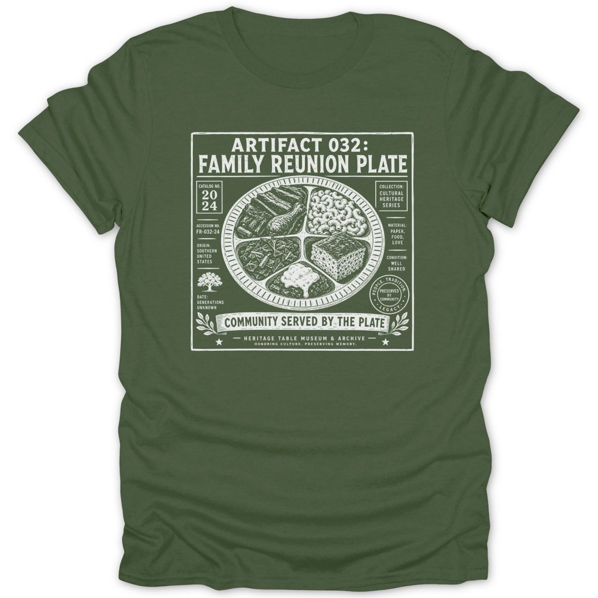 Green t-shirt with white graphic: "Artifact 032: Family Reunion Plate" and food illustration.