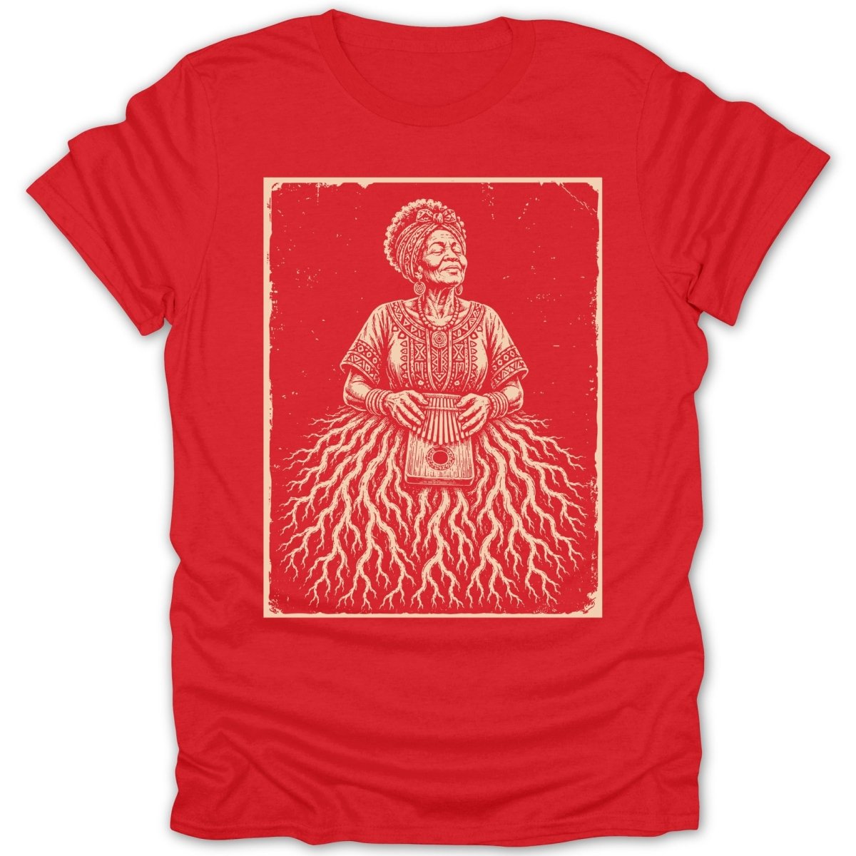 Red t-shirt with a cream and red graphic of a woman holding a kalimba.