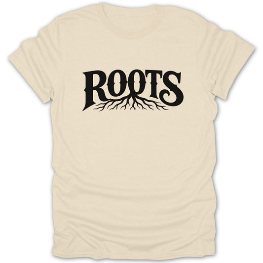 Cream t-shirt with black "ROOTS" text and illustrated roots design.