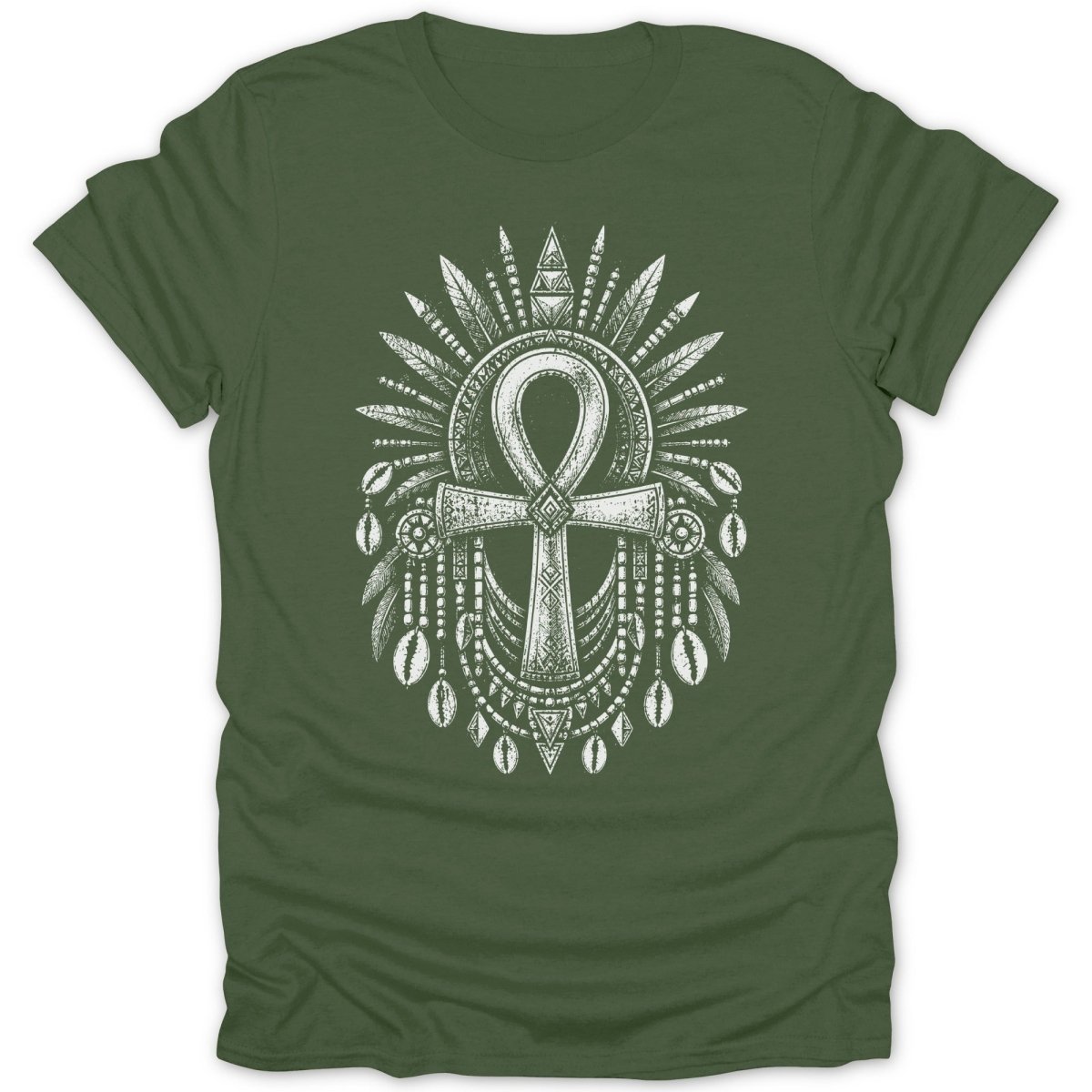 Olive green t-shirt with white ankh symbol design featuring feathers and shells.