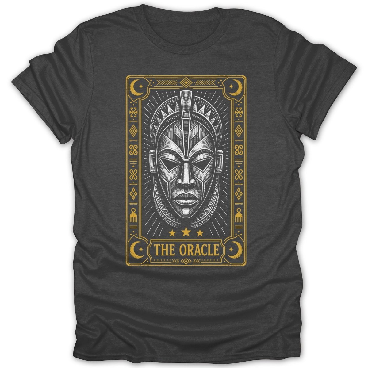 T-shirt featuring a stylized mask with ornate border and "The Oracle" text.