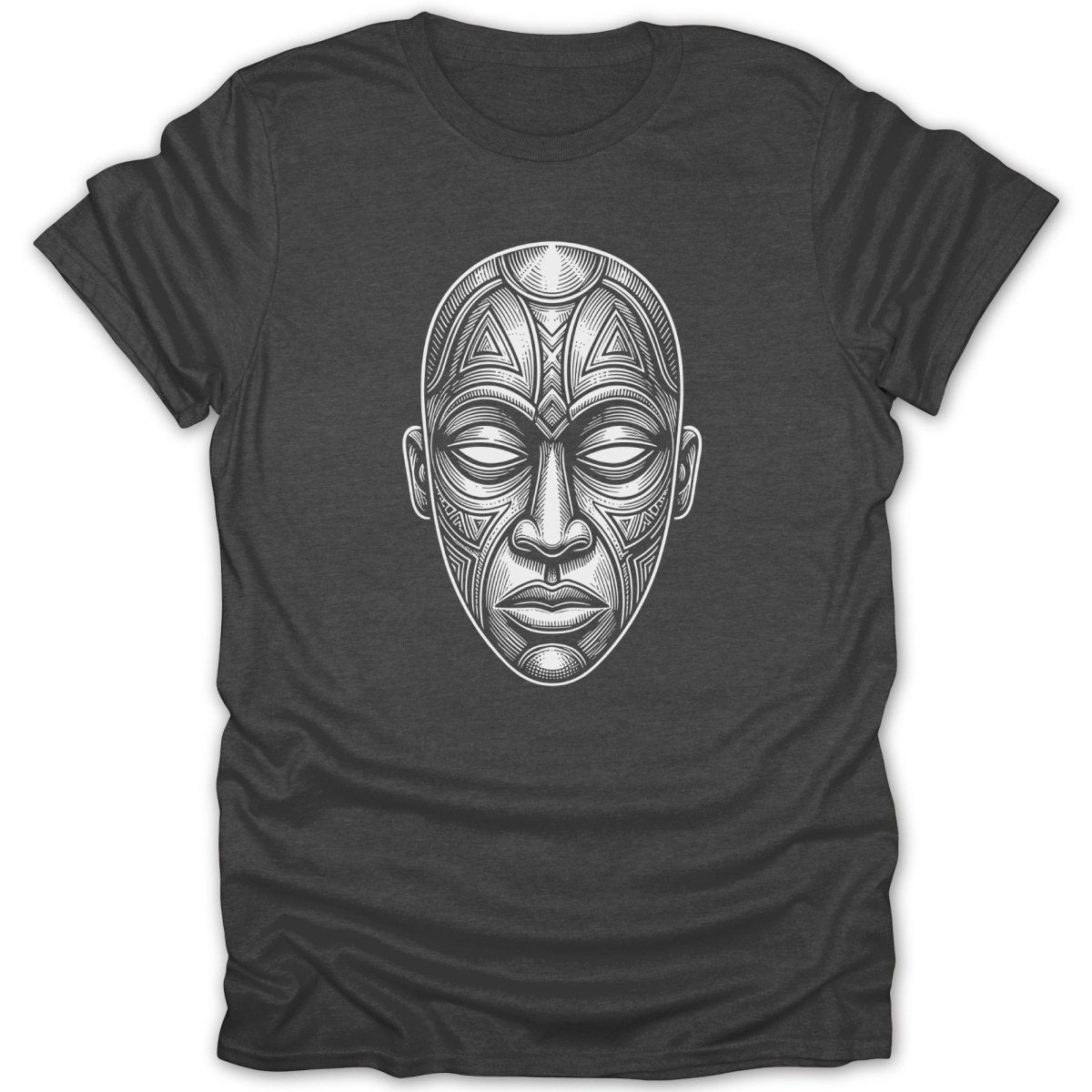 T-shirt with a black and white tribal mask design.