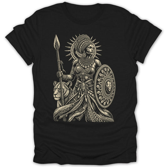 Black t-shirt with a detailed illustration of a warrior woman and a lion.