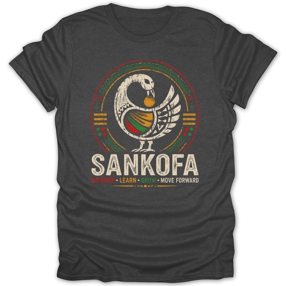 Sankofa bird logo with "Go Back, Learn, Grow, Move Forward" text.