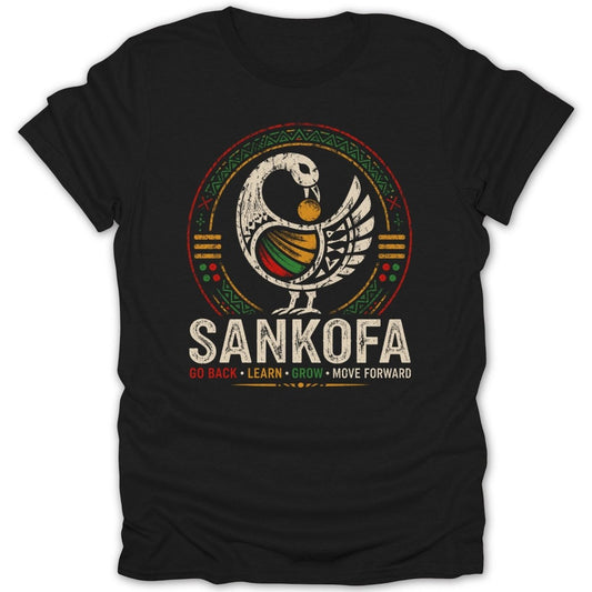 Black t-shirt with Sankofa bird symbol and text "Sankofa".