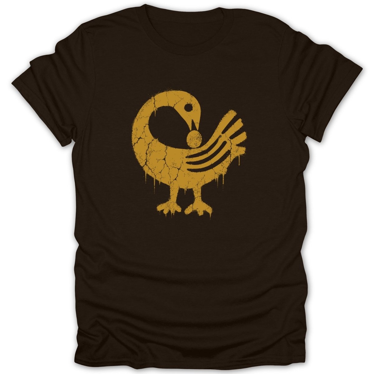 Dark brown t-shirt with a distressed gold bird symbol holding a bead.