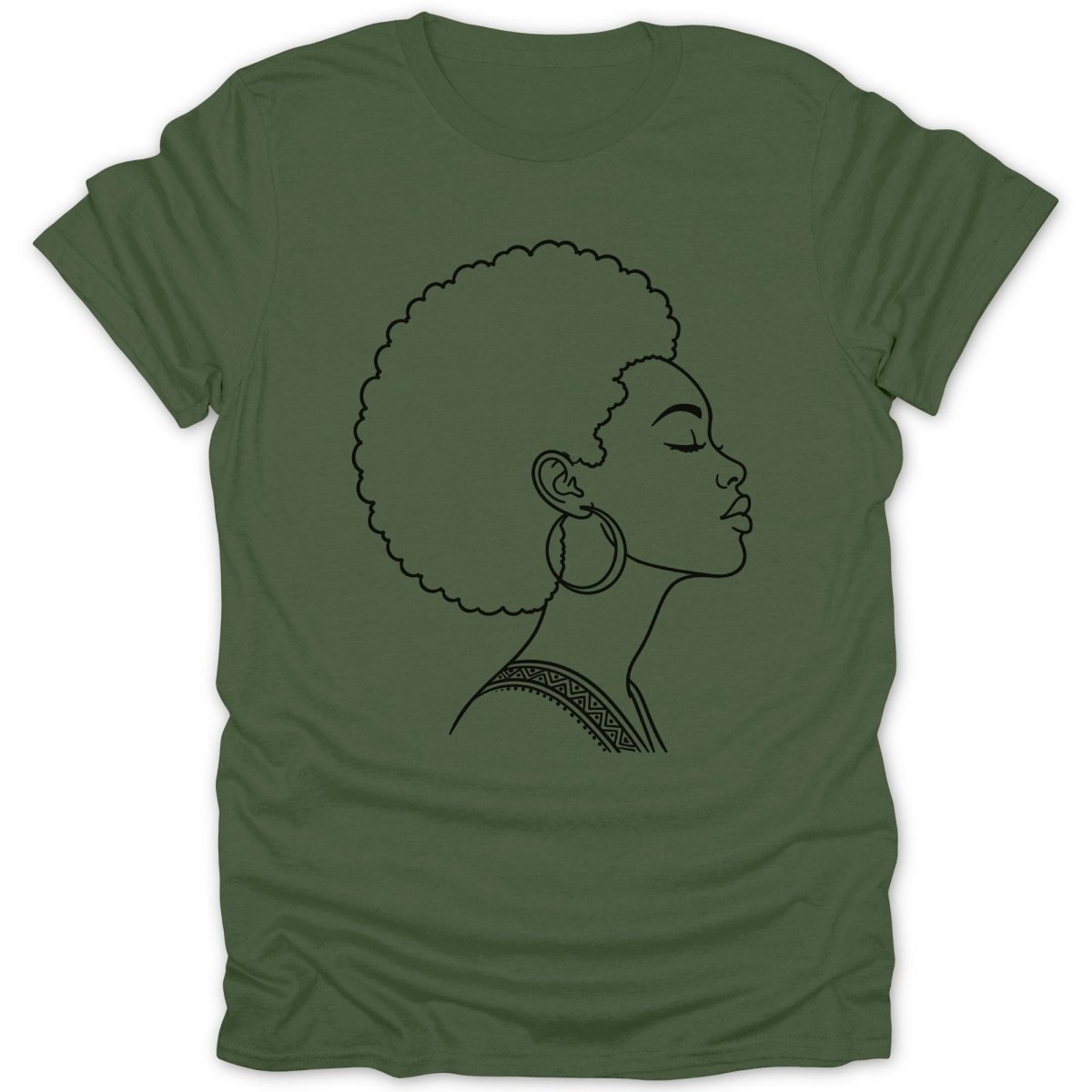 Line art of a woman with an afro and hoop earrings on a green t-shirt.