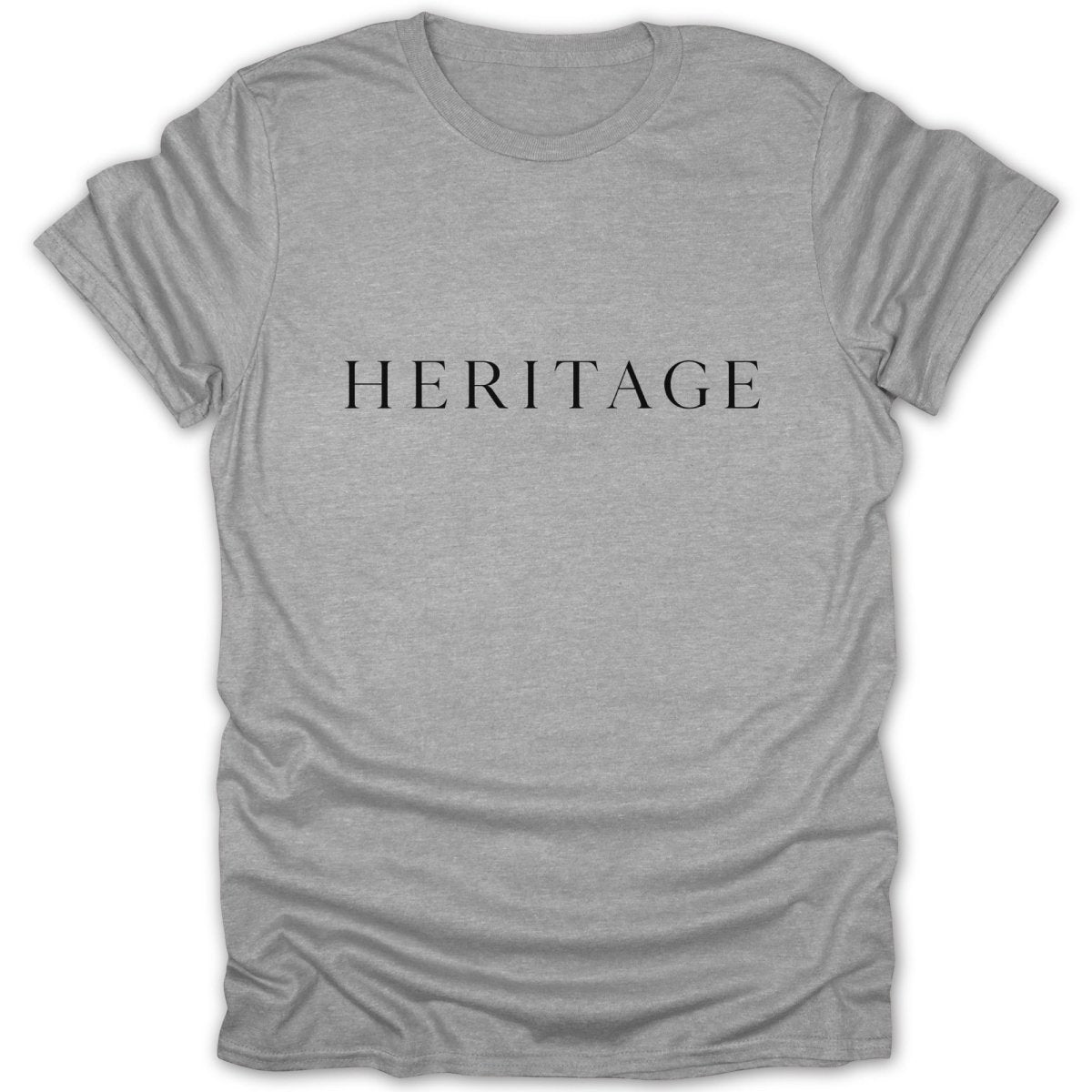 Grey t-shirt with the black text "HERITAGE" centered on the front.