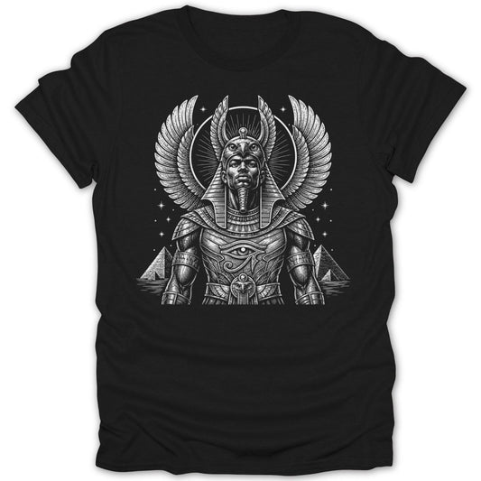 Egyptian pharaoh with wings and pyramids, against a starry background.