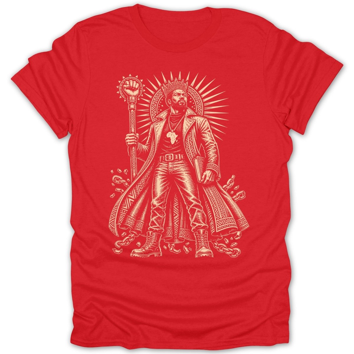 Red t-shirt with a distressed line art print of a crowned man holding a mace and book.