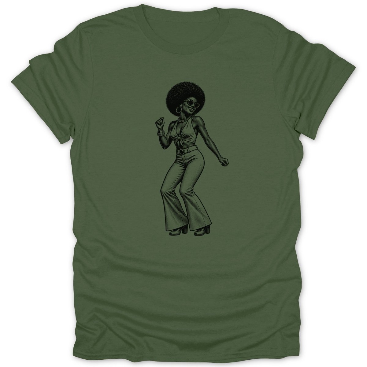 Black and white illustration of a woman with an afro dancing in bell-bottom pants.