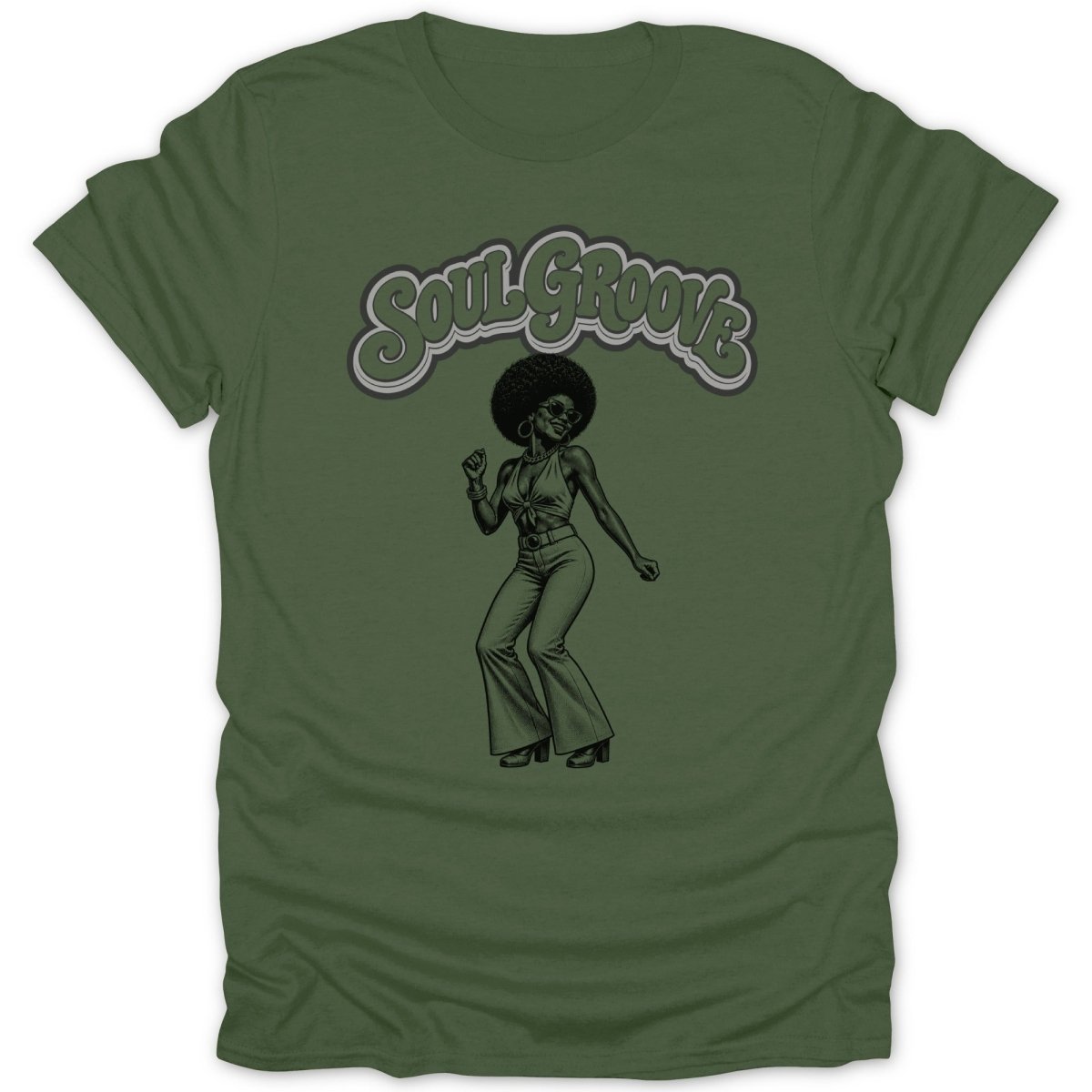 Green t-shirt with "Soul Groove" text and illustration of a dancing woman.
