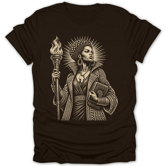 Illustration of a woman with a torch and book, on a brown t-shirt.