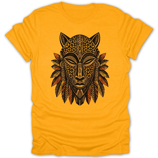 Yellow t-shirt featuring a tribal mask with animal print and feather accents.