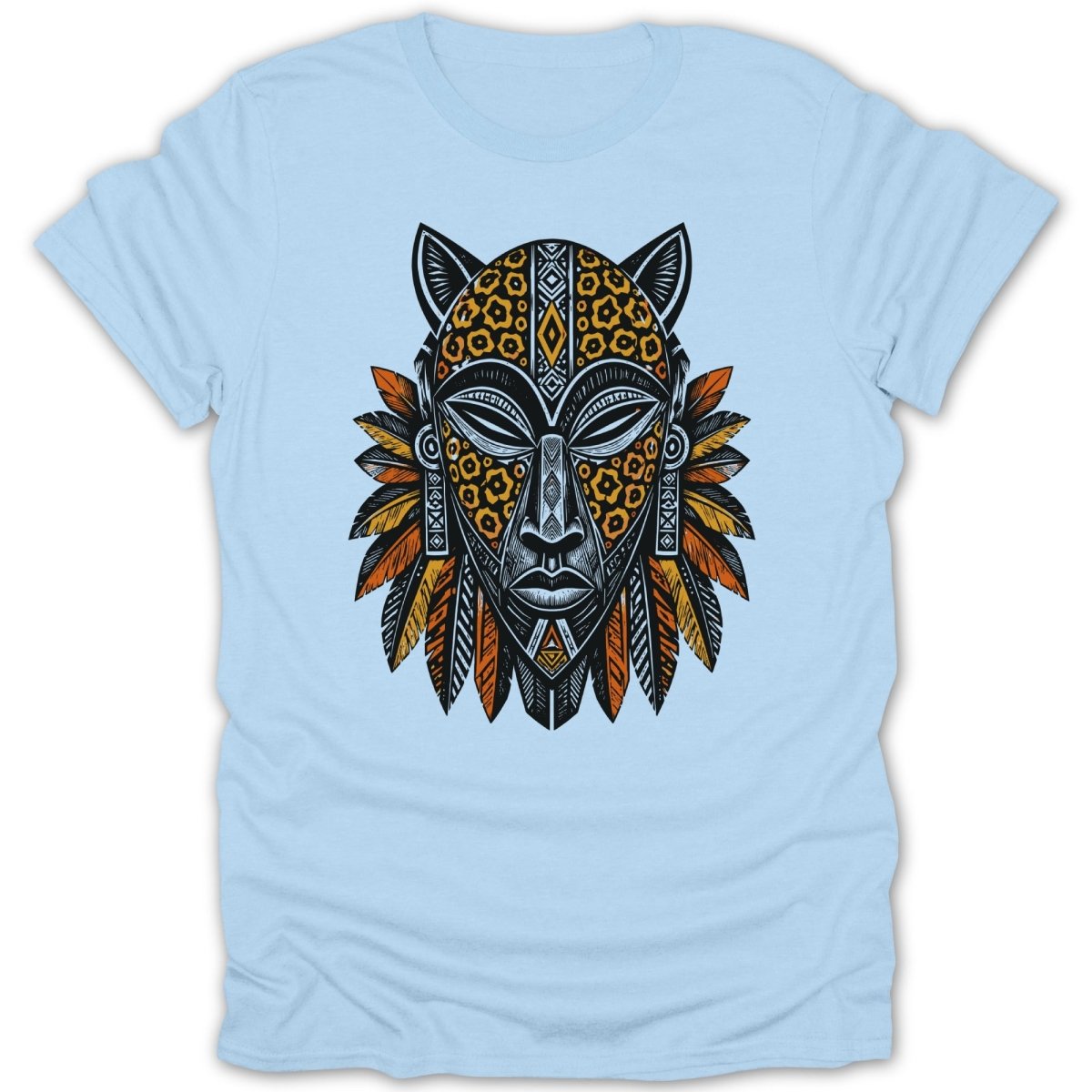Light blue t-shirt featuring a colorful African tribal mask design.