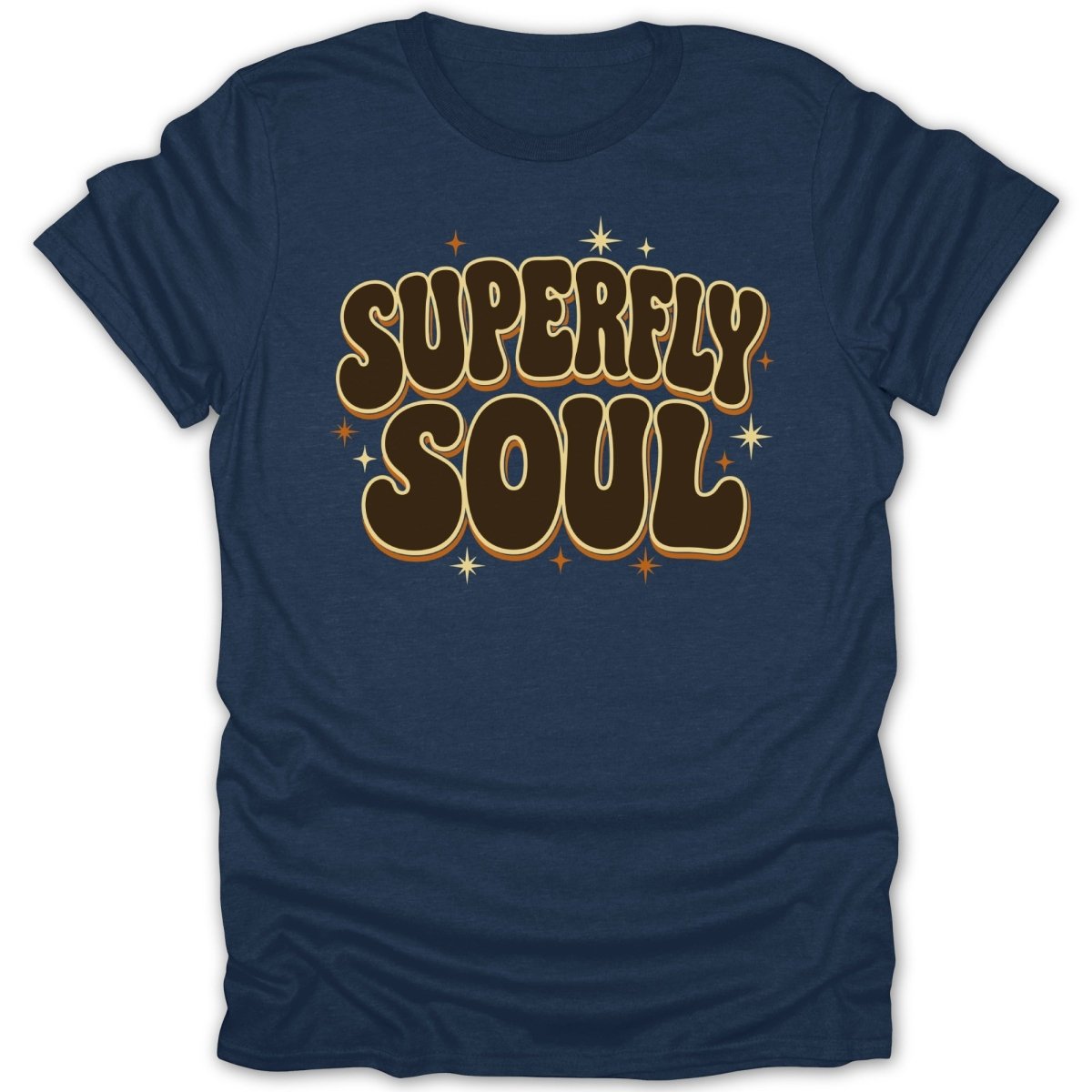 Navy t-shirt with retro "Superfly Soul" text and starbursts.