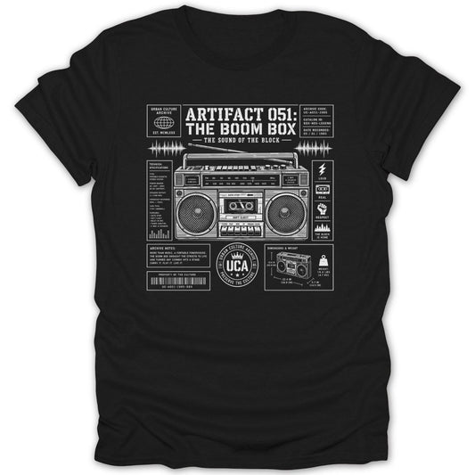 Black t-shirt with graphic of a boombox and technical specifications.