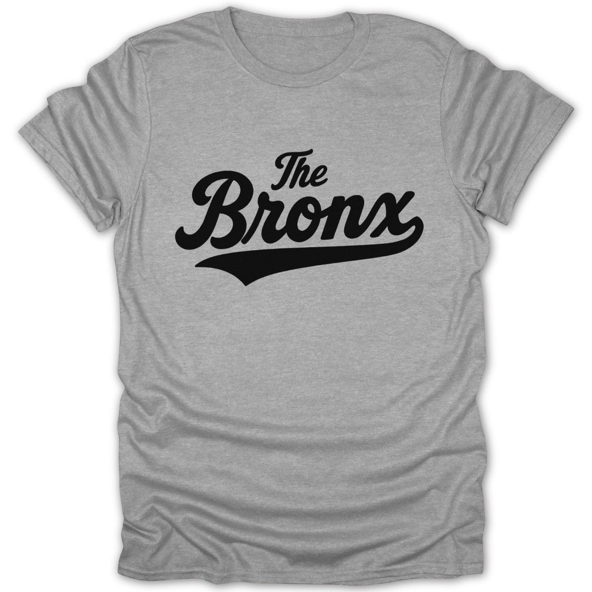 Grey t-shirt with black text "The Bronx" in a cursive font.