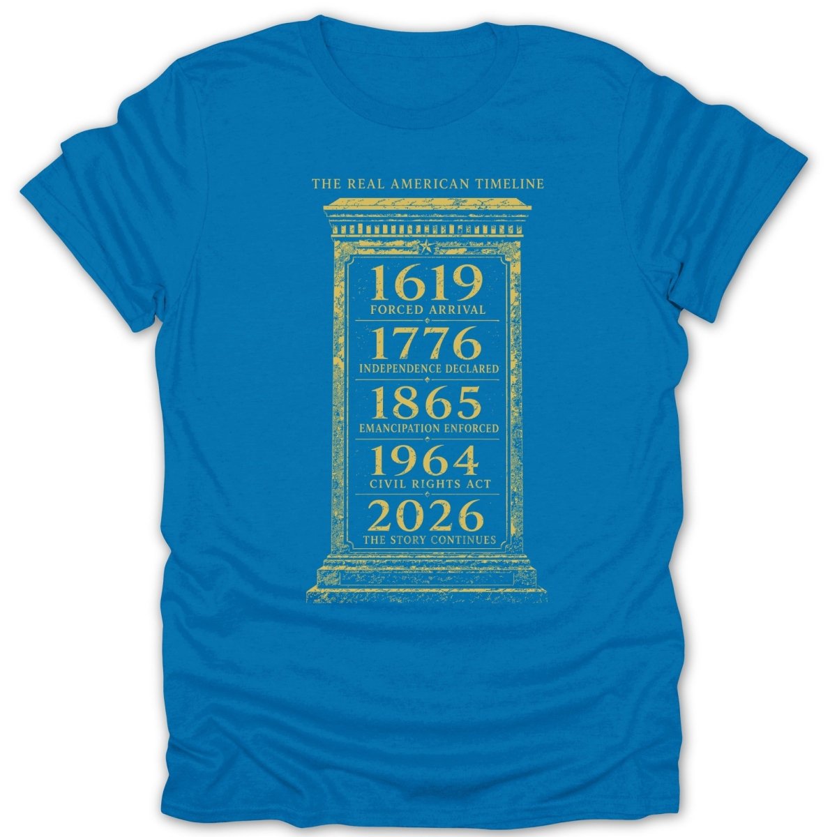 Blue t-shirt with a gold timeline graphic: 1619, 1776, 1865, 1964, 2026.