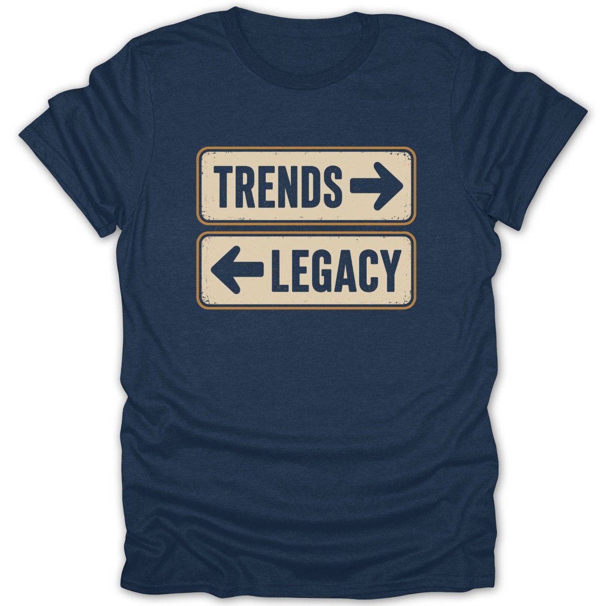 Navy t-shirt with signs pointing left and right, reading "TRENDS" and "LEGACY".