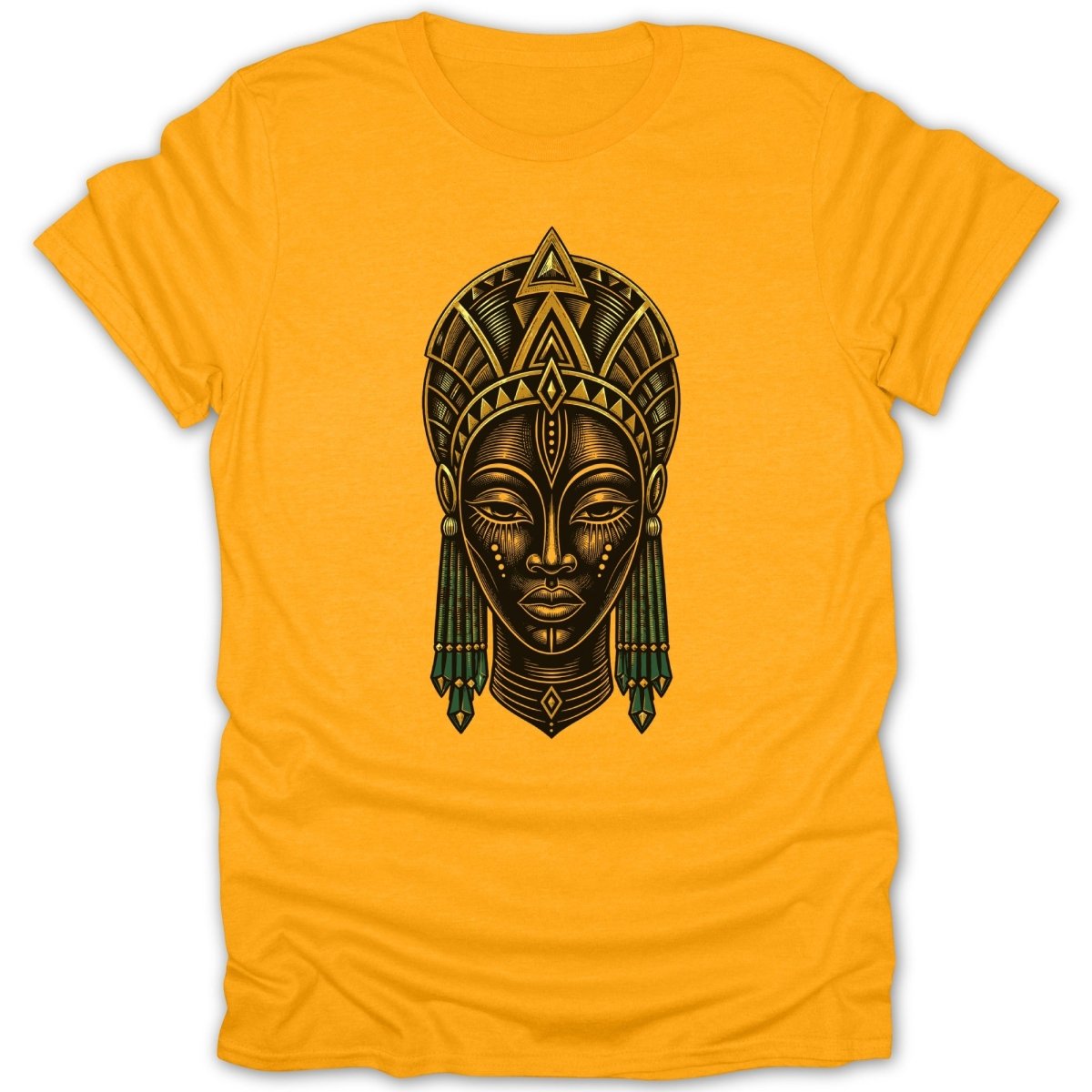 Tribal mask illustration on a yellow t-shirt.