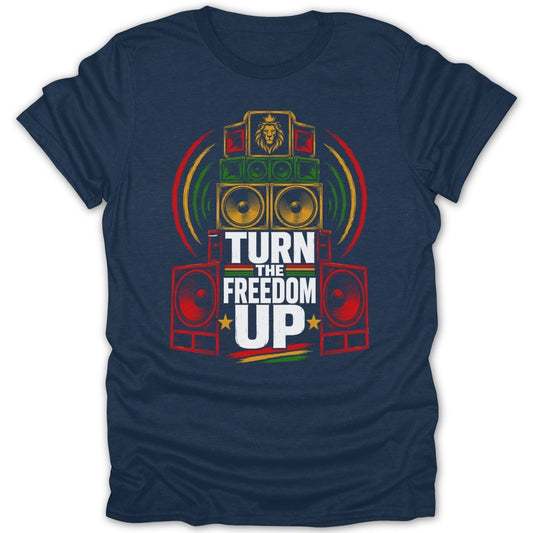 T-shirt with stacked speakers, lion head, and text "TURN THE FREEDOM UP".