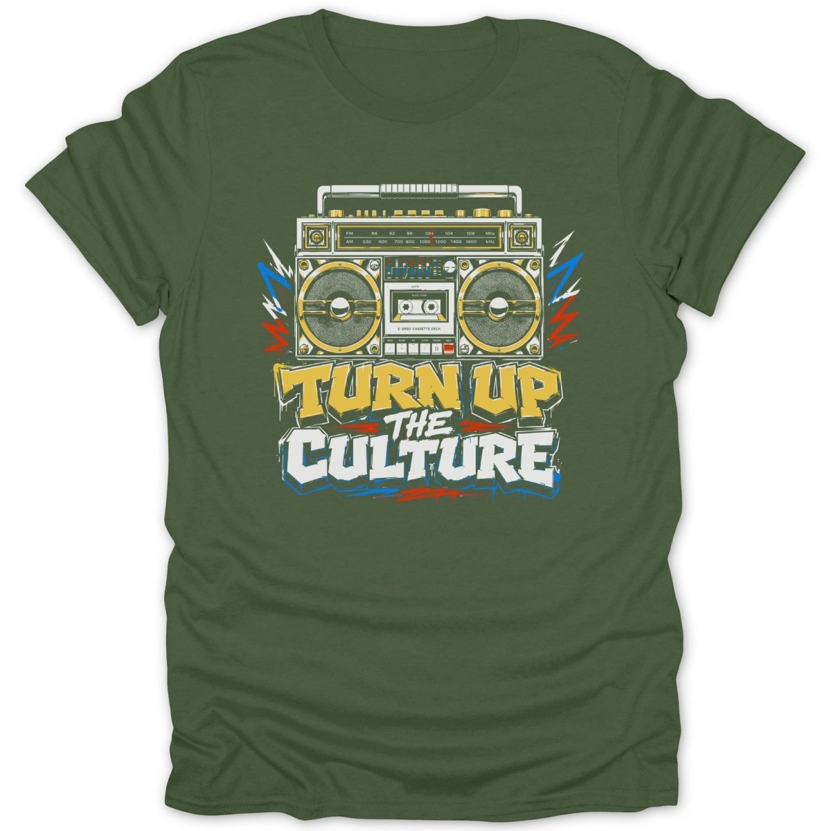 Green t-shirt with retro boombox graphic and the text "TURN UP THE CULTURE".