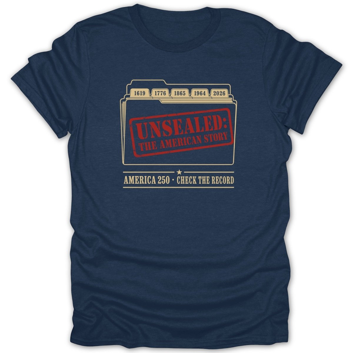 Navy t-shirt with "UNSEALED: THE AMERICAN STORY" text and dates.