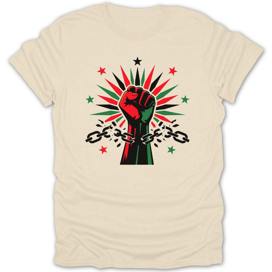 Fist breaking chain with red, green, and black radiating lines and stars.