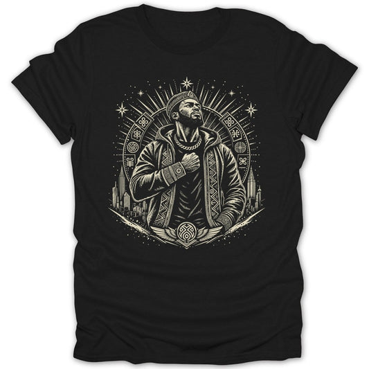 Black t-shirt with a graphic of a man with a crown, cityscape, and circular design.