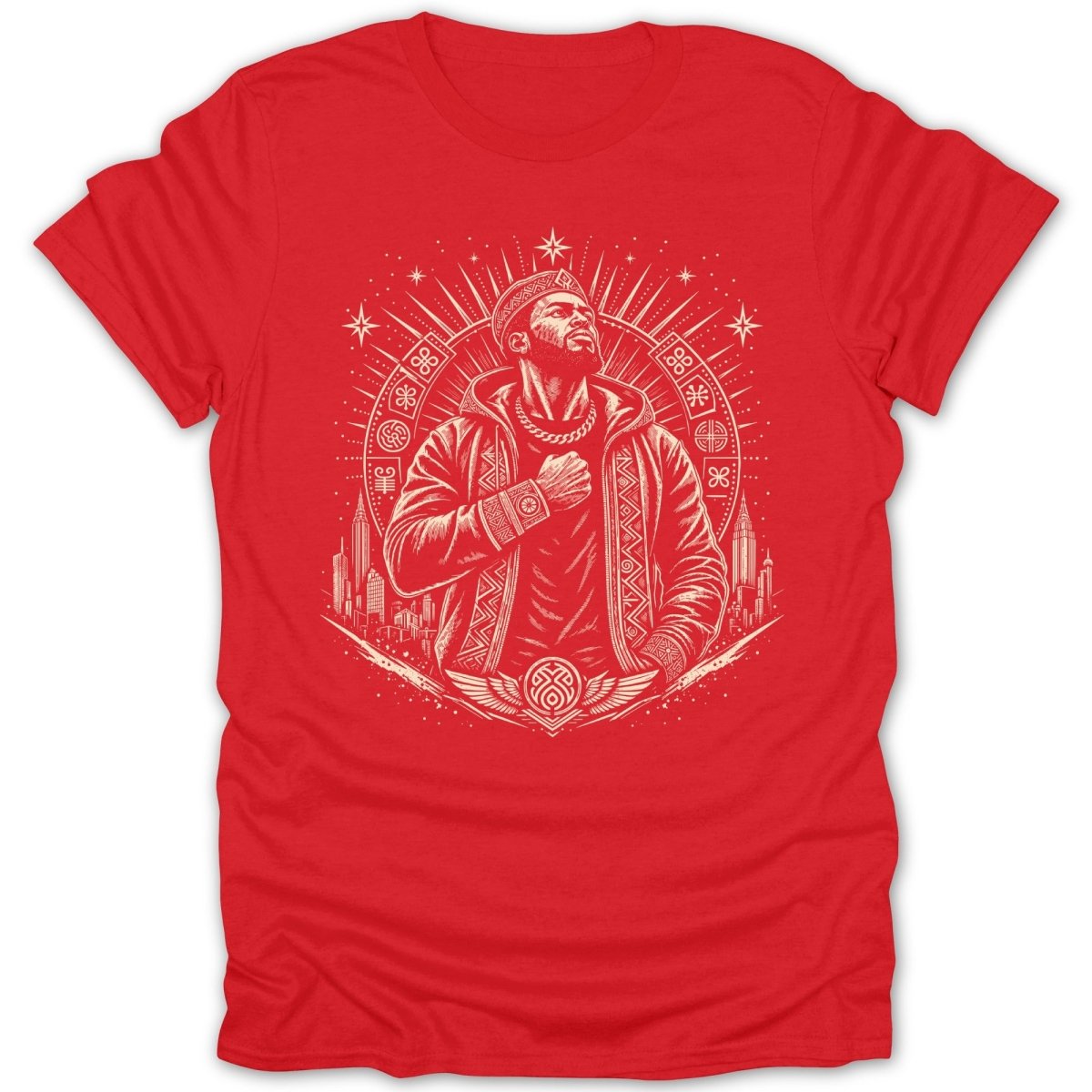 Red t-shirt with white graphic of a man with ornate collar and circular emblem.