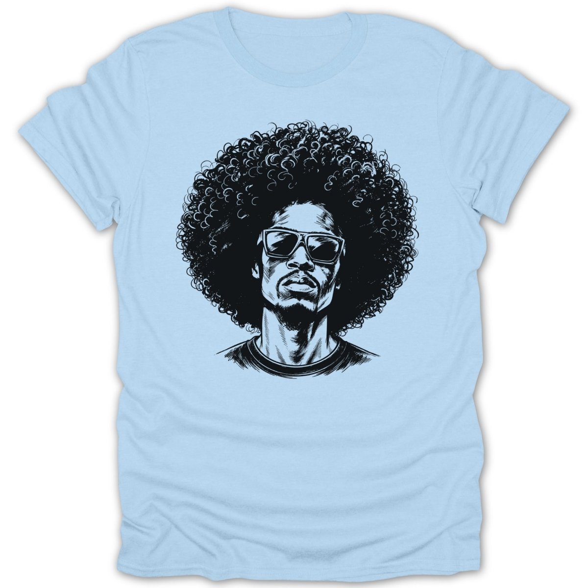 Light blue t-shirt with a black and white sketch of a man with large afro and sunglasses.