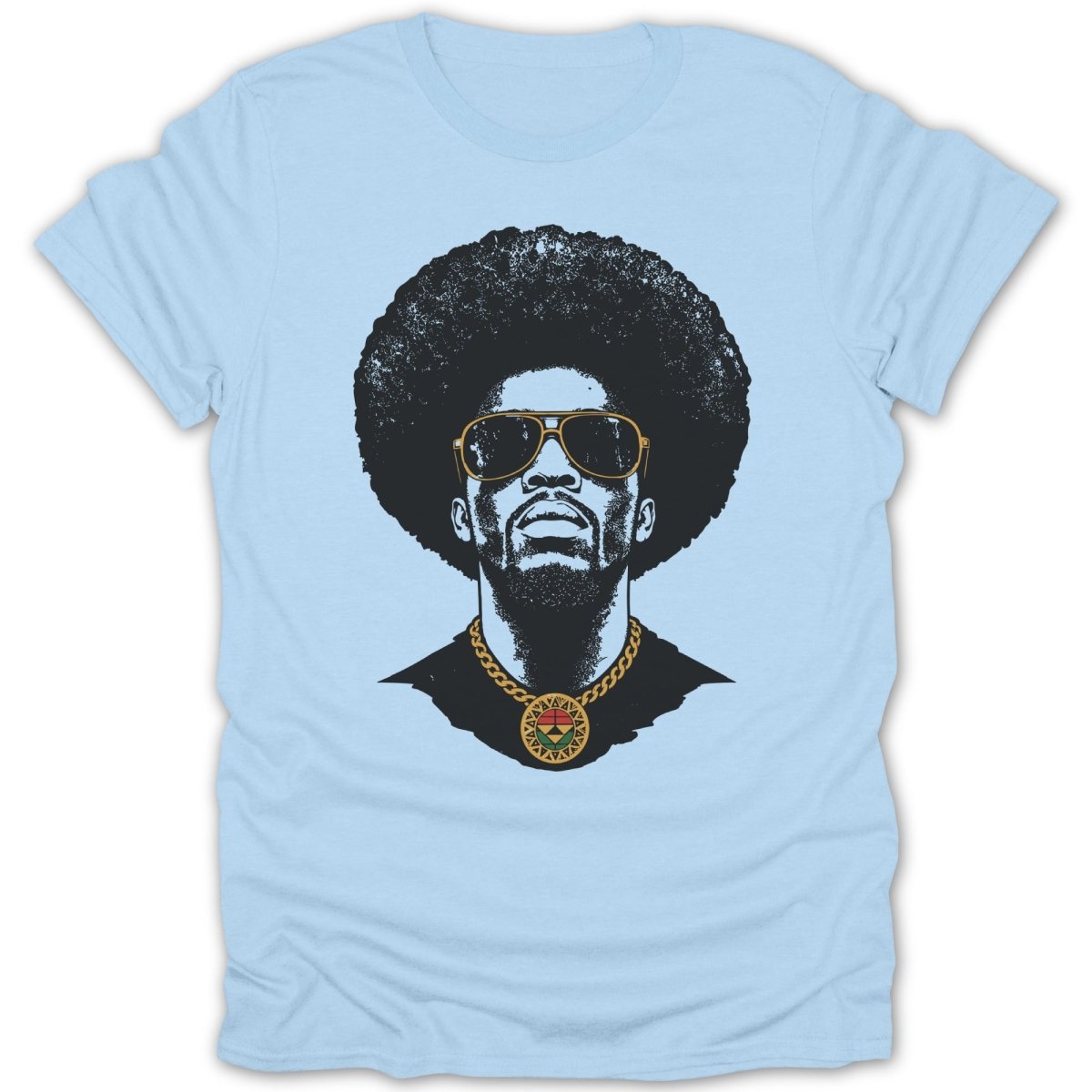 Light blue t-shirt with a black graphic of a man with an afro, sunglasses, and a pendant.