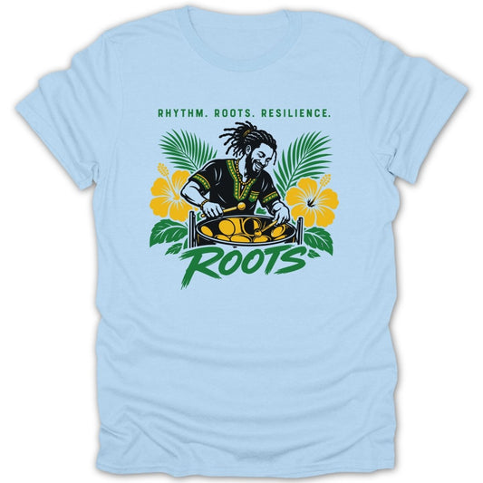 T-shirt design with man playing steel drums, flowers, and text "RHYTHM. ROOTS. RESILIENCE."