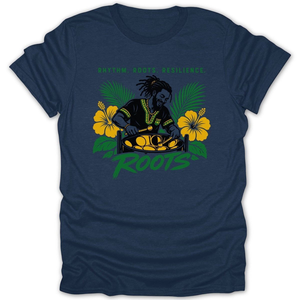 Man playing steel drum with "Roots" text and "Rhythm. Roots. Resilience." tagline.
