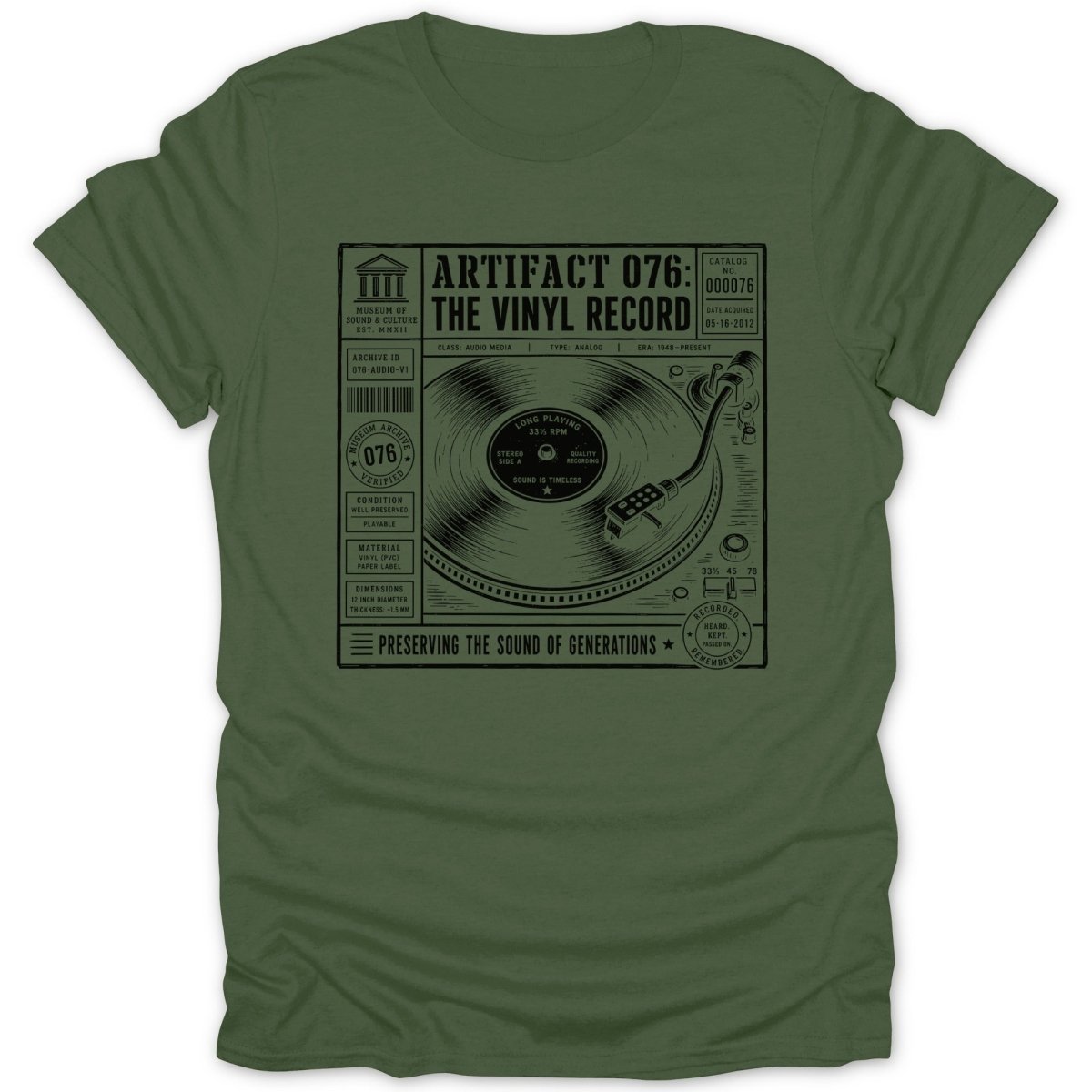 Green t-shirt with a black graphic of a record player and vinyl record with text.
