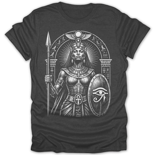 Egyptian warrior woman with spear and shield, wearing headdress and ornate jewelry.
