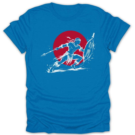 Warrior in running pose with spear and shield, white graphic on blue shirt.