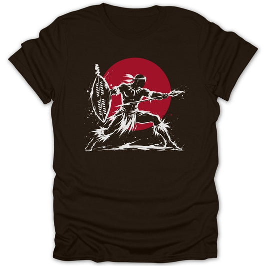 Warrior with spear and shield against red circle background.