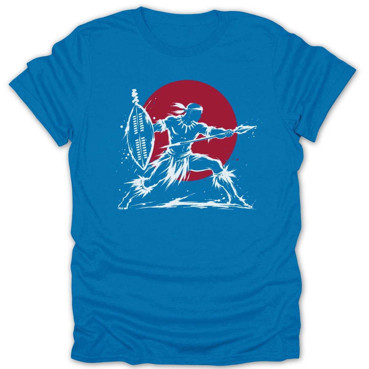 Blue t-shirt with warrior silhouette, spear, shield, and red circle.