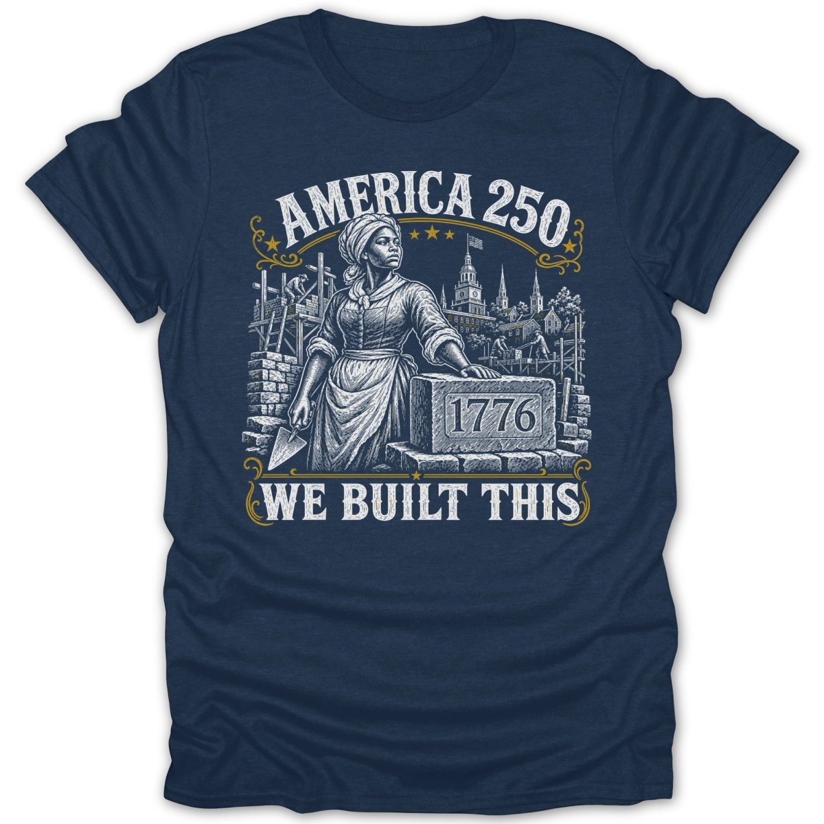 America 250: We Built This text with historical figures and buildings.
