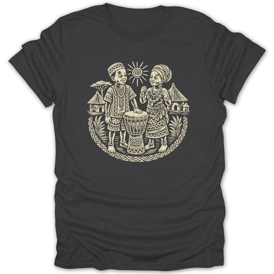 Traditional African children with drum, huts, and sun in circular ethnic pattern.
