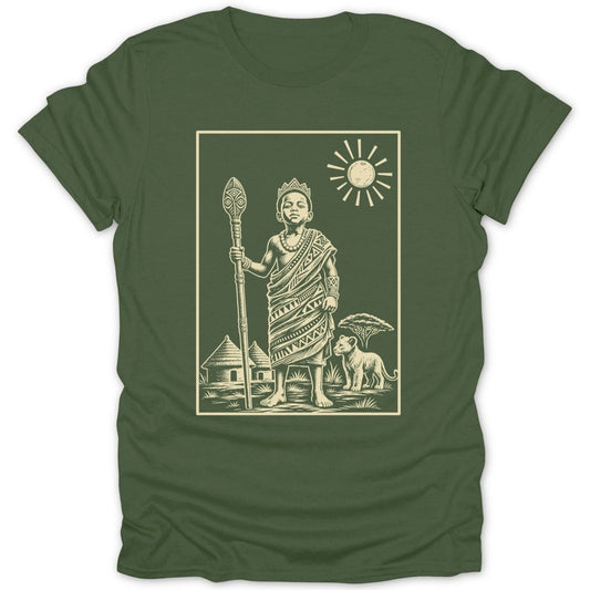 Illustration of a crowned child in traditional clothing holding a staff next to a lion.