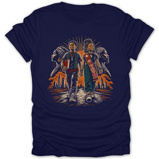 Illustration of two children walking with ancient African motifs and city skyline.
