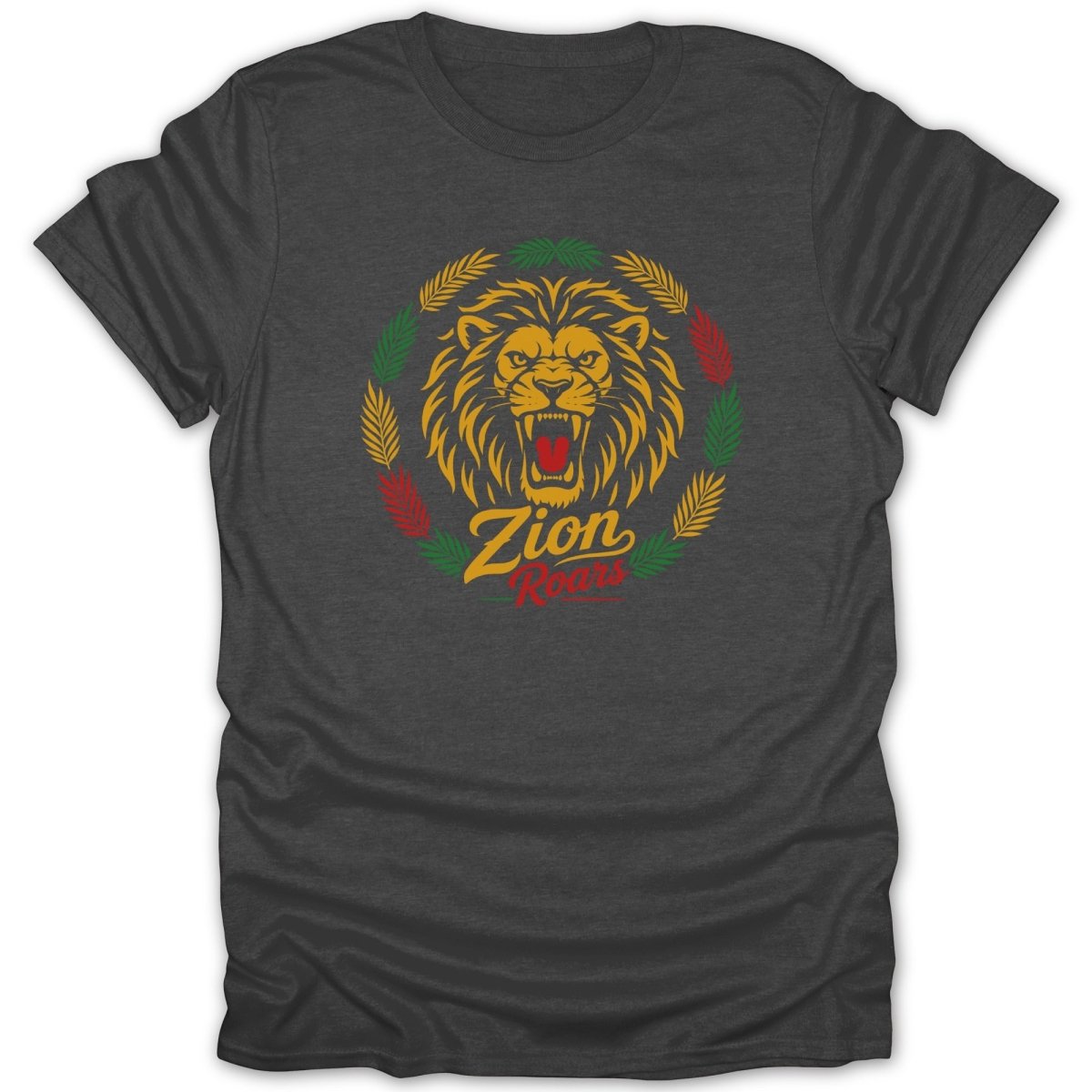 Dark t-shirt with a roaring lion head surrounded by red, green, and yellow leaves, text Zion Roars.